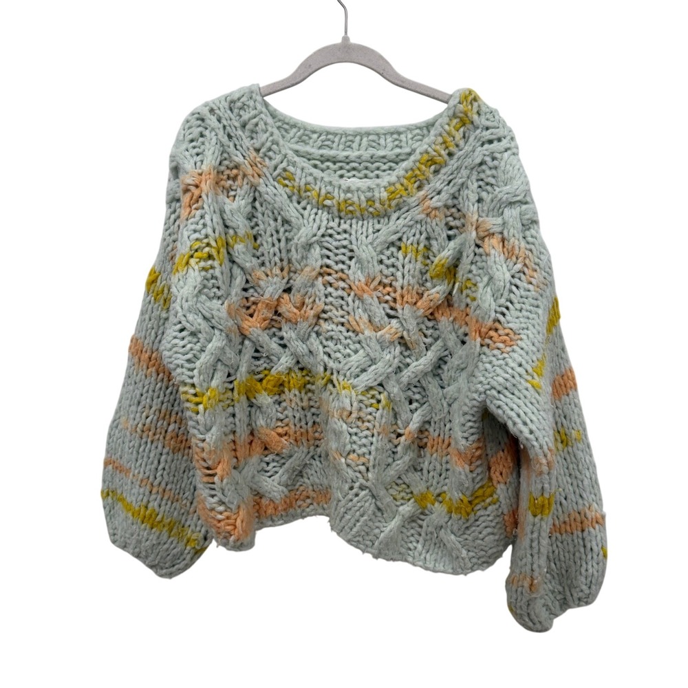 Chunky Cable Knit Sweater Mint Green Peach Yellow‎ Striped Oversized Pullover xs